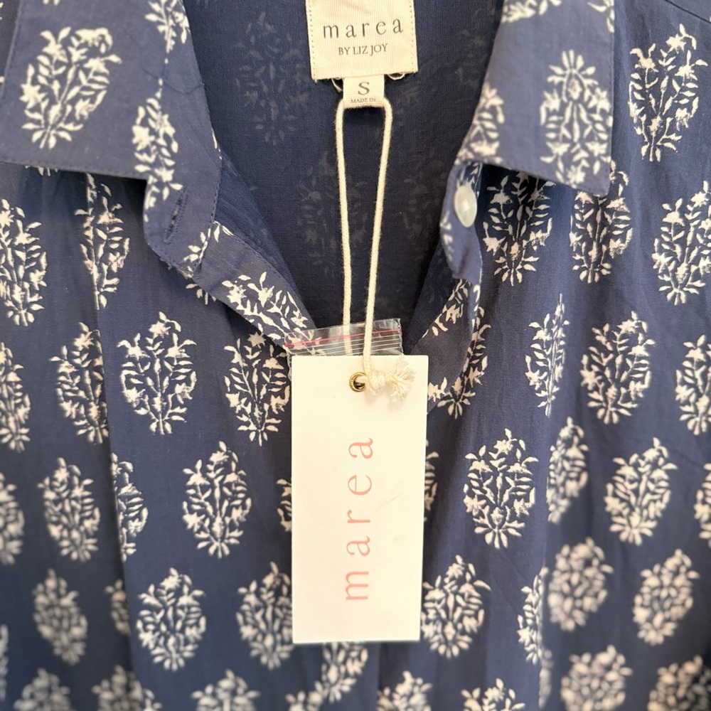 MAREA by Liz Joy short sleeve Maxi Dress in blue indigo print, size Small - Picture 2 of 11
